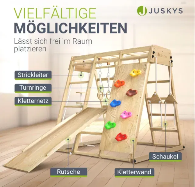 Schnäppchen, Deals und Rabattcodes des Tages - Juskys Maxi Klettergerüst für Kinder Indoor Spielplatz mit Rutsche Kletterwand Schaukel Natur