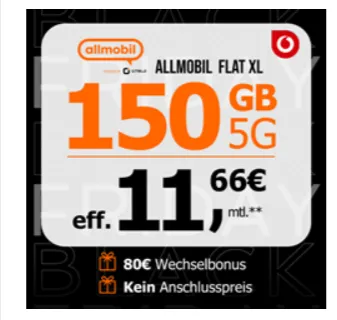 Allmobil Flat XL 150 GB LTE/5G im Vodafone-Netz für nur 11,66€/Monat 🖤Der Black Week Knaller bei LogiTel