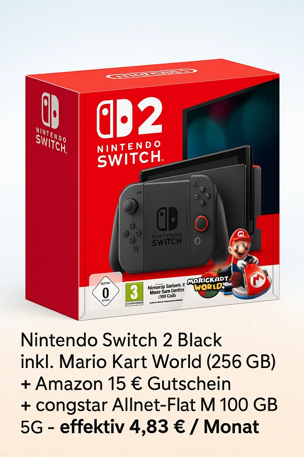 Logitel: Nintendo Switch 2 Black inkl. Mario Kart World (256 GB) + Amazon 15 €  Gutschein + Congstar Allnet-flat M 100 GB+ 5G für 24,00 € / Monat + 53,99 € einmalig