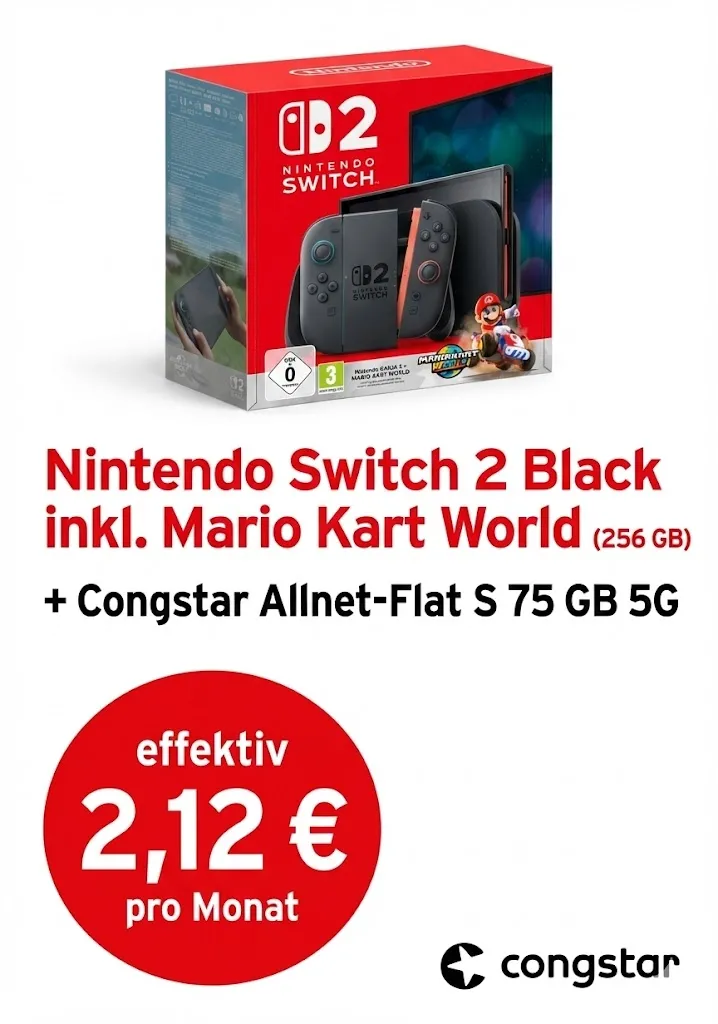 Logitel: Nintendo Switch 2 Black inkl. Mario Kart World (256 GB) + Congstar Allnet-Flat S 75 GB 5G für 19,00 € / Monat + 73,99 € einmalig