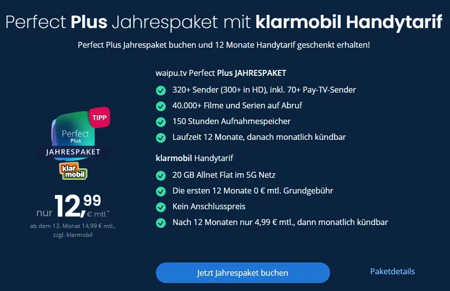 Schnäppchen, Deals und Rabattcodes des Tages: Perfect Plus Jahrespaket mit klarmobil Handytarif
