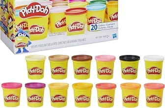 Ein gelbes Play-Doh-Set mit 20 verschiedenen Farben, das auf einem weißen Hintergrund steht.