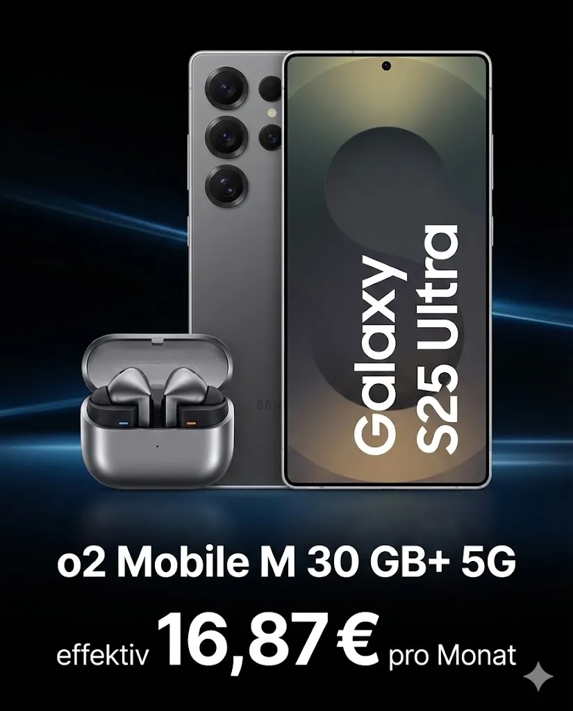 o2: Samsung Galaxy S25 Ultra (256 GB) + Samsung Buds3 Pro + o2 Mobile M 30 GB+ 5G für 62,99 € / Monat + 85,97 € einmalig