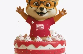 3D-Fuchs-Maskottchen mit Brille und rotem T-Shirt auf einem rot-weißen Spritzgebäck-Kuchen