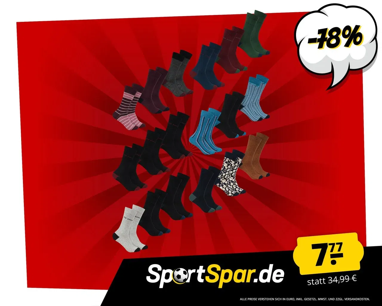 Ted Baker Burgy Herren Socken 3 Paar (6 Farbkombinationen, Einheitsgröße 41-46) für 11,87 € inkl. Versand