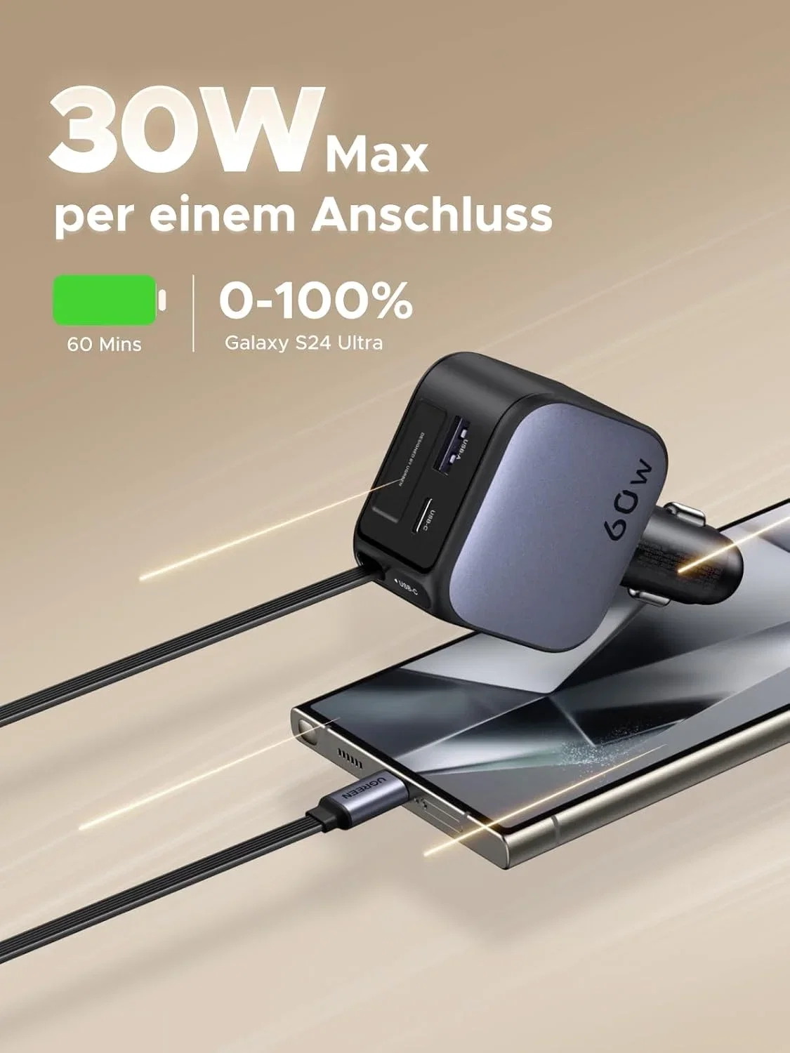 UGREEN Nexode 3-Port Zigarettenanzünder USB-C Ausziehbares Auto Ladegerät (60 W)