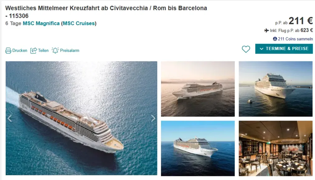 Westliches Mittelmeer Kreuzfahrt mit der MSC Magnifica: 6 Tage Luxus mit Vollpensoin ab 211€