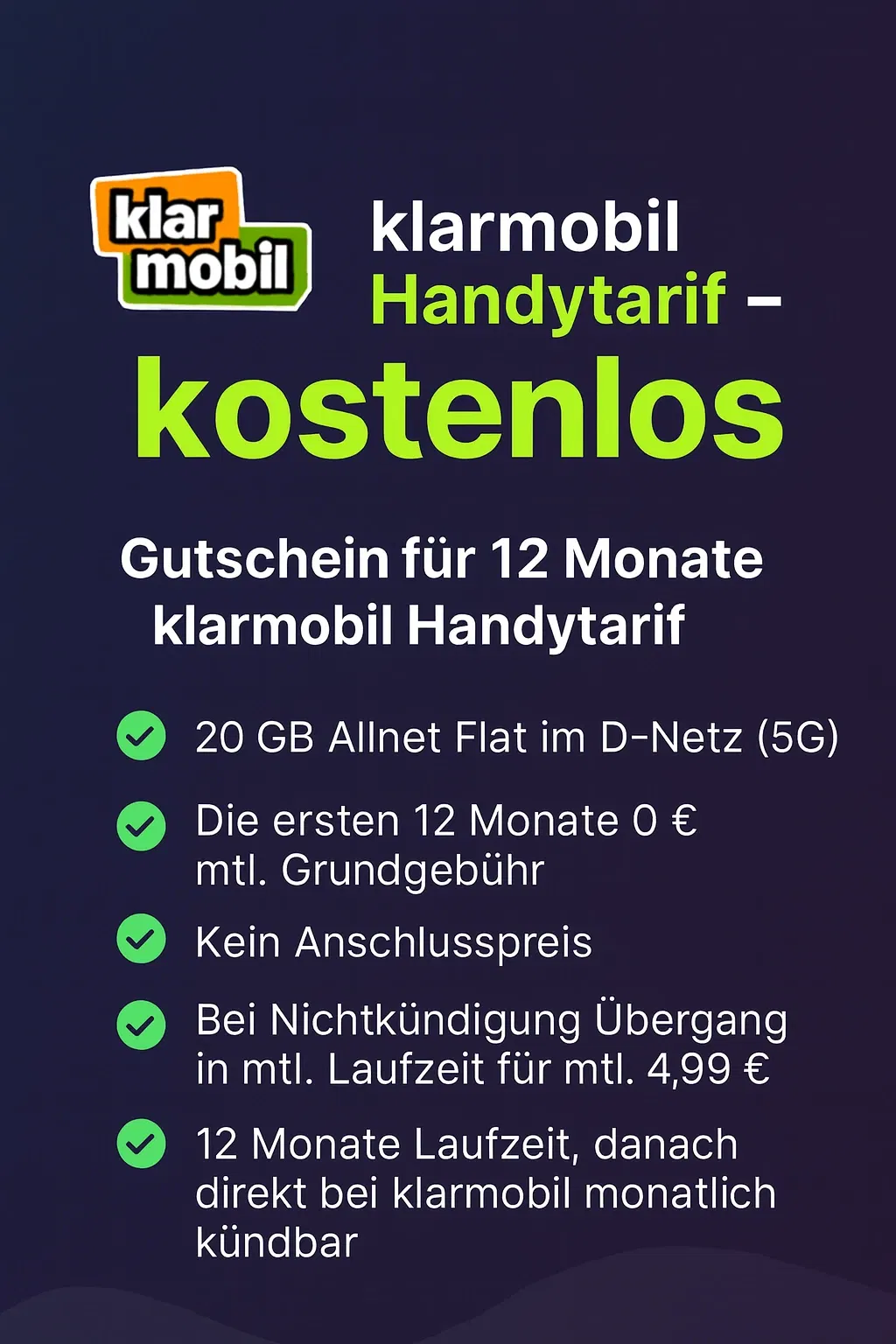 Knaller! 1 Jahr 20 GB Klarmobil Allnet Flat im D-Netz (5G) Gratis – Waipu Kunden