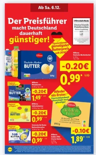 Lidl senkt  Butterpreise – Markenbutter und vegane Alternativen ab 0,99 €
