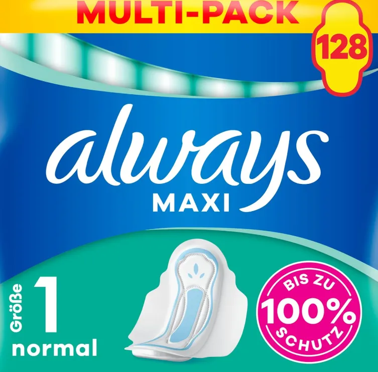 Always Maxi Normal Binden Mit Flügeln (Größe 1- 128 Stück Bis Zu 100% Schutz) ab 7,25 € inkl. Prime-Versand (statt 12,12 €)