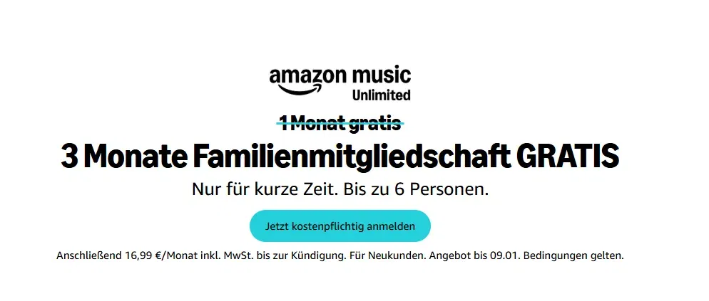 Amazon Music Family: 3 Monate kostenlos für bis zu 6 Personen – Kündigung notwendig
