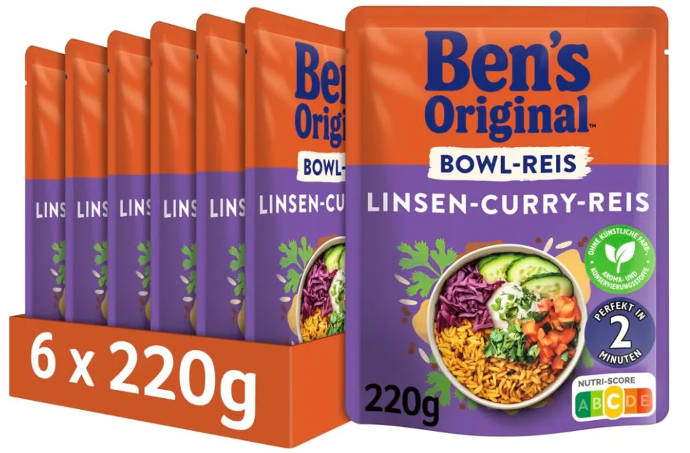 BEN’S ORIGINAL™ Express Bowl-Reis Linsen Curry (6x220g) ab 9,42 € inkl. Prime-Versand (statt 13,47 €)