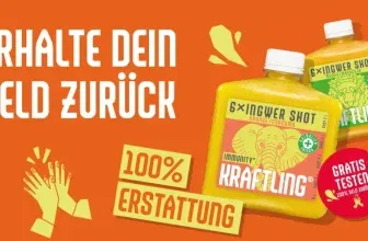 Kraftling Flachmann gratis testen: Ingwer & Curcuma Shots per Cashback sichern