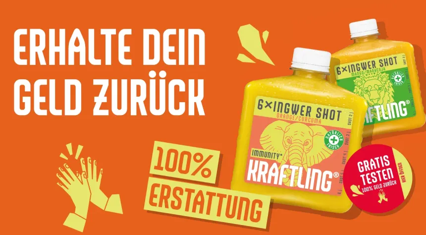 Kraftling Flachmann gratis testen: Ingwer & Curcuma Shots per Cashback sichern