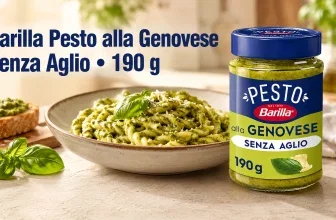 Ein Glas Barilla Pesto alla Genovese ohne Knoblauch neben einer Schüssel Pesto-Pasta und einem Stück Brot mit Pesto