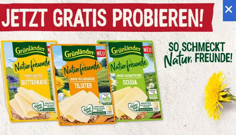 Grünländer Naturfreunde Käse gratis testen dank Cashback (Rewe)