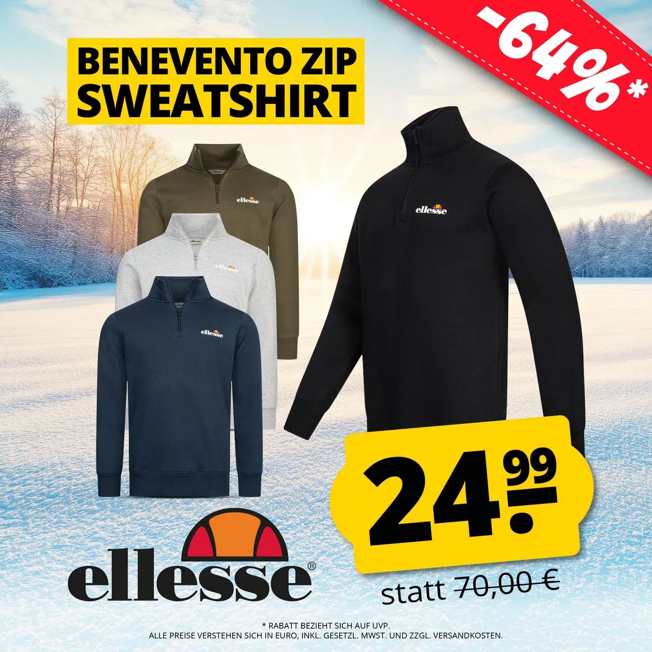 Ellesse Benevento Herren 1/4-Zip Sweatshirt (4 Farben, Gr. S bis 2XL) für 29,94 € inkl. Versand