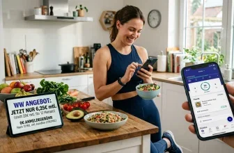 Eine Frau in Sportkleidung hält ein Smartphone in der Hand und lächelt, während sie in der Küche steht und einen Salat isst.