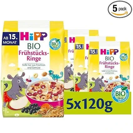 HiPP Bio Fruehstuecks Ringe Kindermuesli ab 15. Monat Suesse nur aus Fruechten und Gemuese in bester Bio Qualitaet 5er Pack Schnäppchen, Deals Und Rabattcodes Des Tages - Hipp Bio Frühstücks Ringe Kindermüsli Ab 15. Monat