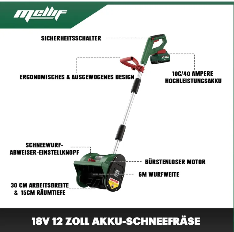 Mellif Akku Schneefräse (mit Akku 4.0 Ah und Ladegerät – Arbeitsbreite 30cm, Räumtiefe 15cm,Wurfweite 6m) für 39,99 € inkl. Versand (statt 120,00 €)