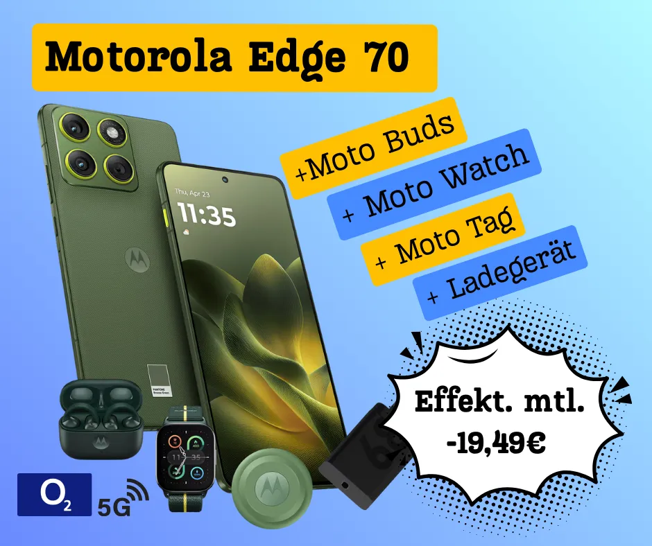 Motorola Edge 70 mit 25 GB im Telefónica-Netz für 14,99€ mtl. + Buds, Watch, Tag & Ladegerät