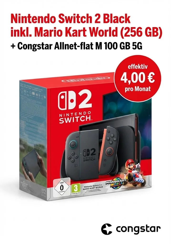Logitel: Nintendo Switch 2 Black inkl. Mario Kart World (256 GB) + Congstar Allnet-flat M 100 GB 5G für 24,00 € / Monat + 8,99 € einmalig