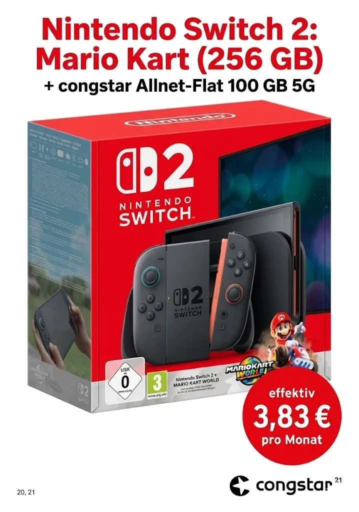Gomibo: Nintendo Switch 2: Mario Kart (256 GB) + congstar Allnet-Flat 100 GB 5G für 24,00 € / Monat + 4,95 € einmalig