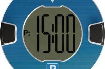 Blaue digitale Parkscheibe mit LCD-Display, das 15:00 Uhr anzeigt, und Beschriftung Ankunftszeit