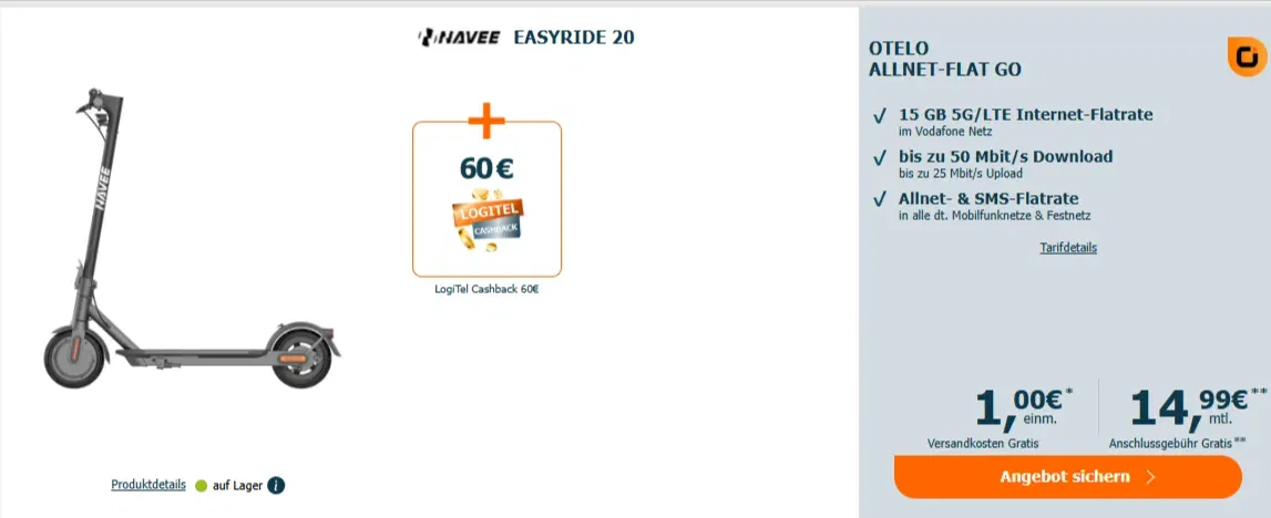 Logitel: NAVEE Easyride 20 (256 GB) + LogiTel Cashback 60€ + otelo Allnet-flat Go 15 GB 5G für 14,99 € / Monat + 1,00 € einmalig