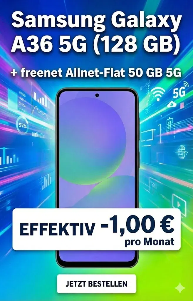 Gomibo: Samsung Galaxy A36 5G (128 GB) + freenet Allnet-Flat 50 GB 5G f für 14,99 € / Monat + 45,94 € einmalig