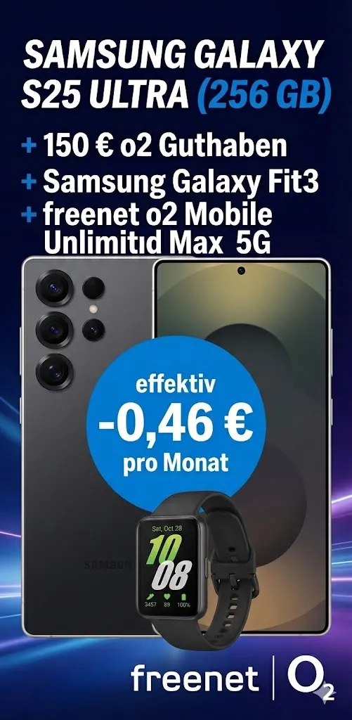 MediaMarkt Tarifwelt: Samsung Galaxy S25 Ultra  (256 GB) + 150 € o2 Guthaben + Samsung Galaxy Fit3 + freenet o2 Mobile Unlimited Max 5G für 39,99 € / Monat + 144,94 € einmalig