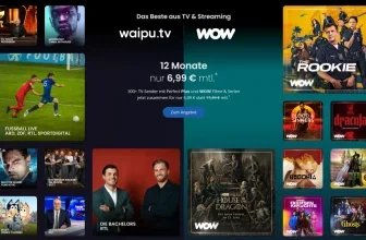 Ein Screenshot der Waipu-Website mit einem Angebot für ein Jahresabo von Waipu Perfect Plus und WOW Filme & Serien für 6,99 € pro Monat, darunter eine Auswahl an TV-Sendern und Serien.