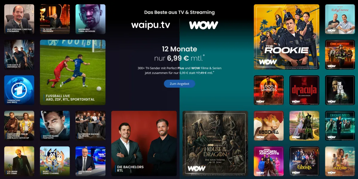 Waipu Streaming  Deal  Perfect-Plus + WOW Filme & Serien 1 Jahr ab 6,99 € / Monat 📺