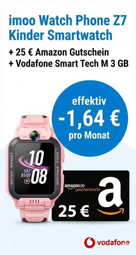 starmobile: imoo Watch Phone Z7 Kinder Smartwatch + 25 € Amazon Gutschein + Vodafone Smart Tech M 3 GB für 4,95 € / Monat + 44,90 € einmalig