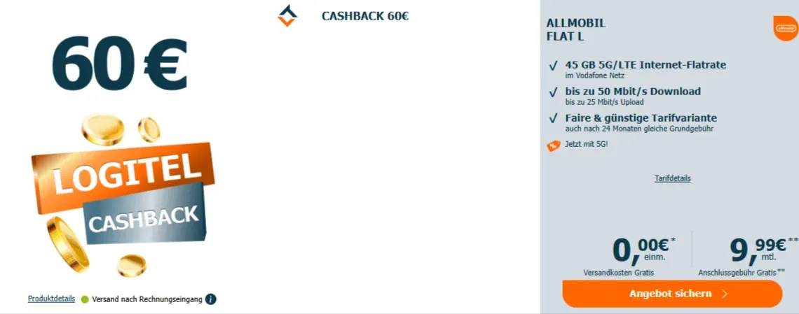 Allmobil Flat L mit 60E LogiTel Cashback 01 10 2026 02 39 PM 1 Schnäppchen, Deals Und Rabattcodes Des Tages - Allmobil Flat L Mit 60€ Logitel Cashback