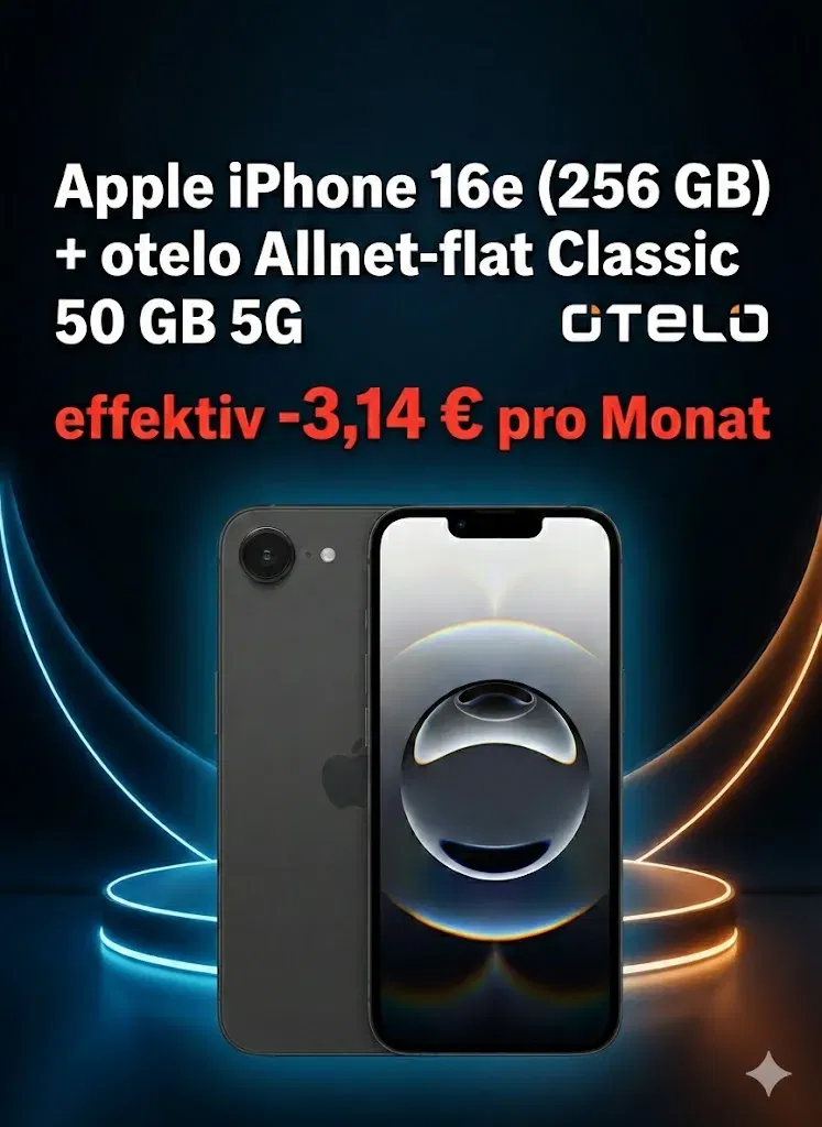 Logitel: Apple iPhone 16e (256 GB) + otelo Allnet-flat Classic 50 GB 5G für 19,99 € / Monat + 153,99 € einmalig