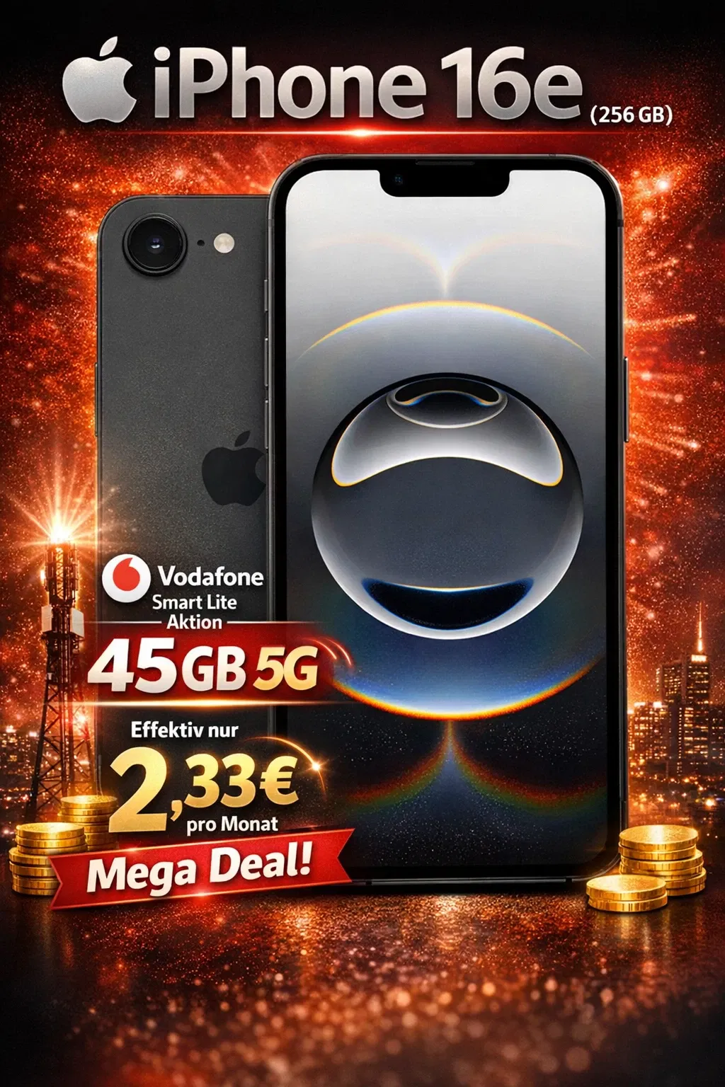 Logitel: Apple iPhone 16e (256 GB) + Vodafone Smart Lite Aktion 45 GB 5G für 34,99 € / Monat + 1,00 € einmalig