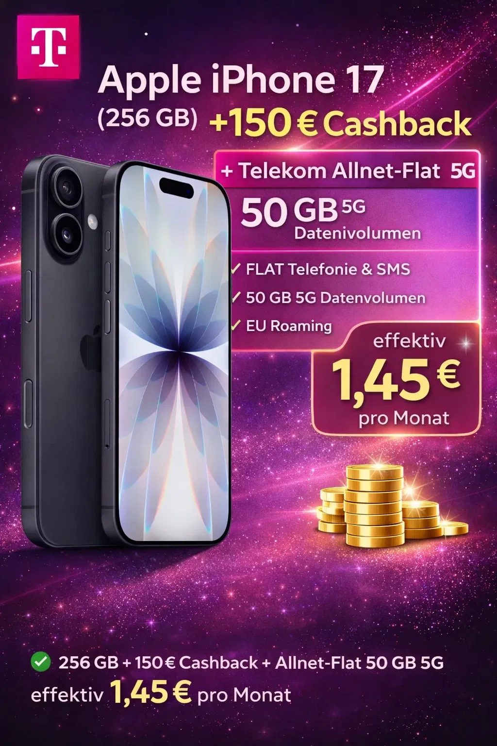 Handyhelden: Apple iPhone 17 (256 GB) + 150 € Cashback + Telekom Allnet-Flat 50 GB 5G für 44,99 € / Monat + 139,00 € einmalig