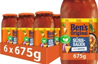 Sechs Gläser Ben's Original Sauce Süß-Sauer Extra Gemüse in einem orangefarbenen Mehrfachpack.