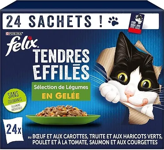 FELIX Zart konisch ausgewachsene Katze Gelee (24x85g – Auswahl an Gemüse: Lachs Forelle Rindfleisch und Huhn Frischebeutel) für 12,41 € inkl. Prime-Versand (statt 19,09 €)