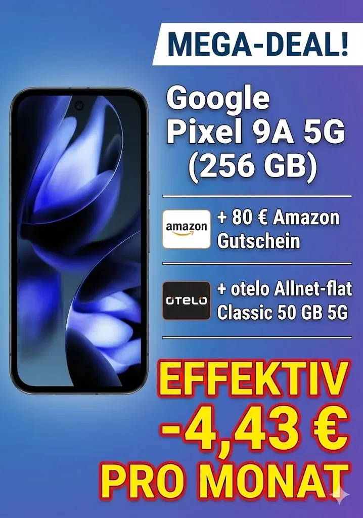 Logitel: Google Pixel 9A 5G (256 GB) + 80 € Amazon  Gutschein + otelo Allnet-flat Classic 50 GB 5G für 19,99 € / Monat + 1,00 € einmalig