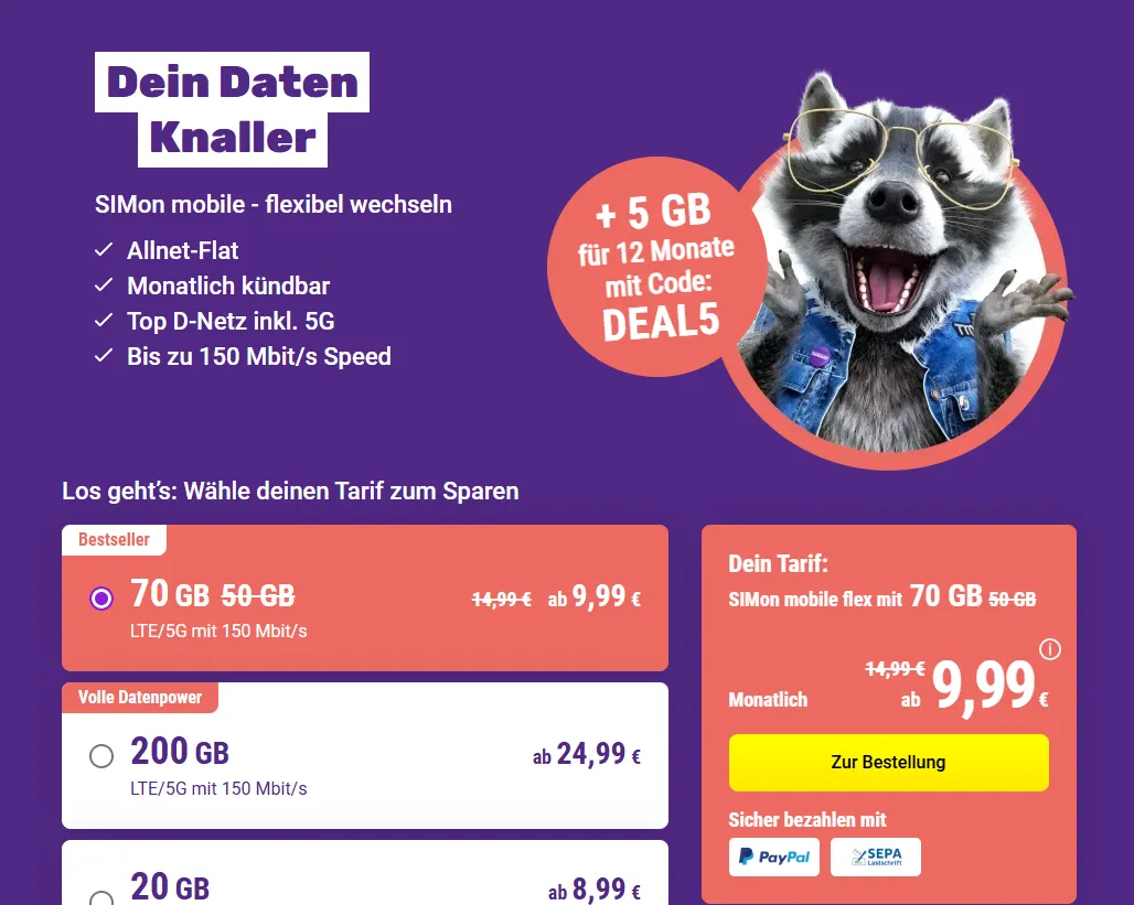 SIMon mobile 🦝 mobile Winter Deal: 70 GB+ 5GB D-Netz-Tarif für 9,99 € mit 5G – monatlich kündbar