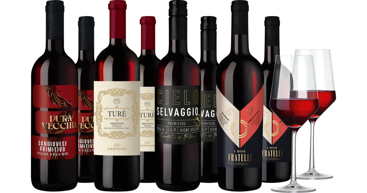 Hawesko Weinpaket Primitivo-Genuss (4×2 Rotweine + 2 Zwiesel Gläser) für 39,90 € inkl. Versand