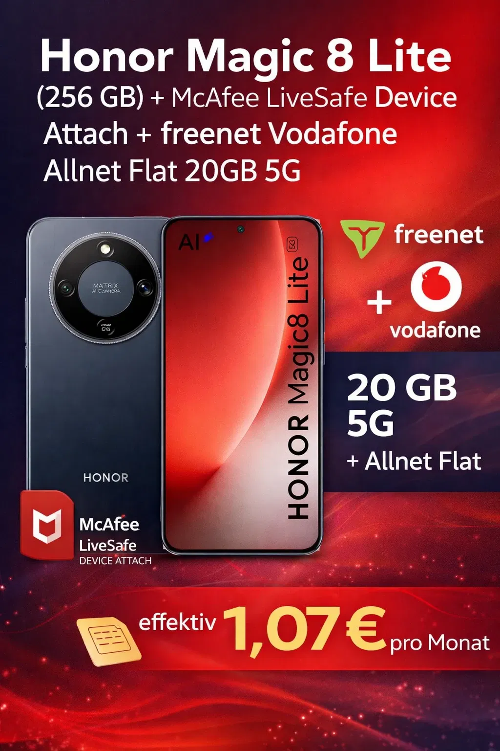MediaMarkt Tarifwelt: Honor Magic 8 Lite (256 GB) + McAfee LiveSafe Device Attach + freenet Vodafone Allnet Flat 20GB 5G für 14,99 € / Monat + 74,94 € einmalig