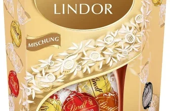 Goldene Lindt LINDOR Schachtel mit 'Mischung' und Abbildung von Schokokugeln