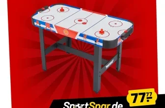 MUWO Air Hockey Tisch mit weißer Spielfläche, roten Puck-Stationen und grauen Beinen vor rotem Hintergrund.