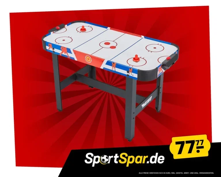 MUWO Air Hockey Tisch mit weißer Spielfläche, roten Puck-Stationen und grauen Beinen vor rotem Hintergrund.