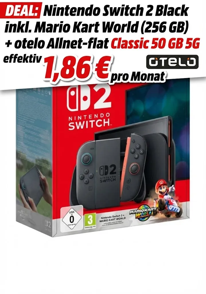 Logitel: Nintendo Switch 2 Black inkl. Mario Kart World (256 GB) + otelo Allnet-flat Classic 50 GB 5G für 19,99 € / Monat + 53,99 € einmalig