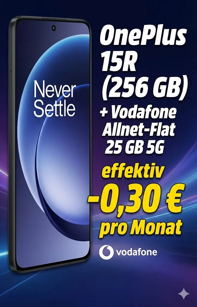 Gomibo: OnePlus 15R (256 GB) + Vodafone Allnet-Flat 25 GB 5G für 29,99 € / Monat + 59,00 € einmalig