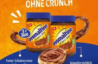 Werbung für Ovomaltine Crunchy Cream 8er Pack mit Schokocreme auf Brot